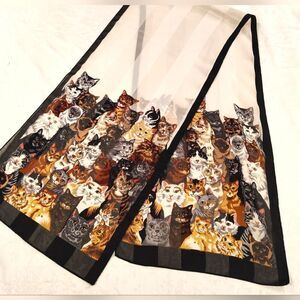 Cat Pattern Long Silk Scarf Kitty Cats Vintage